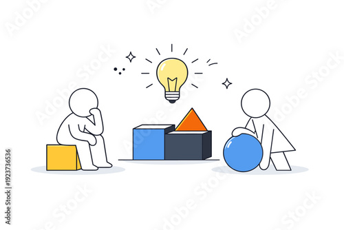 Entrepreneurship. Abstract idea moment shown as a light bulb or spark forming above simple shapes. Creative thinking and problem-solving expressed with
