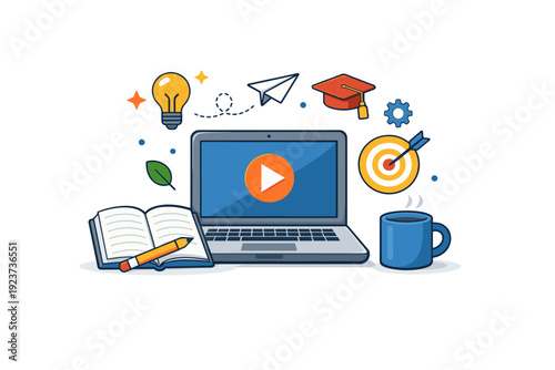 Online education a calm home study scene with laptop, notebook, and light academic symbols conveying self development, concentration, and