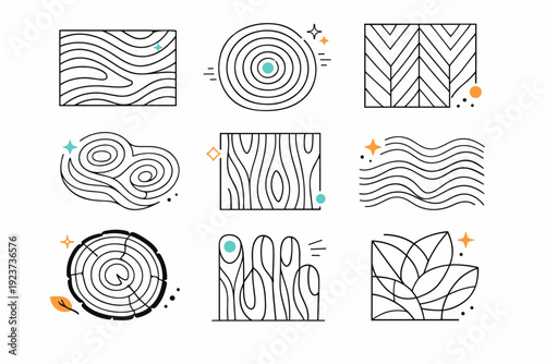 Wood pattern design elements. Repeating grain motifs turned into clean decorative surfaces, balancing order and organic variation. Calm