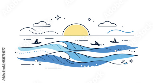 Ocean waves at sunrise. Calm waves gently rolling toward the shore, a few surfers in the distance, abstract floating line shapes and dots