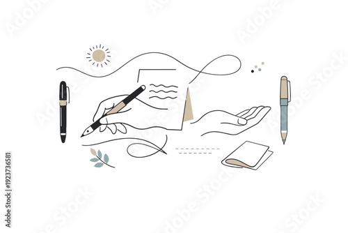 Mindful Handwriting Art. Mindful handwriting abstract. An abstract editorial illustration combining pens, hand shapes, flowing lines, and paper to represent