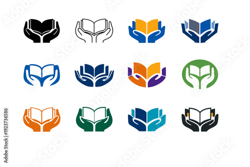 Peer tutoring. Icon set. Set Logo of Peer tutoring: open book between two hands. harmonious logo variations of the same emblematic concept, each with different