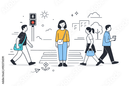 People stopping more often. Pedestrian standing still near a crosswalk while others pass by. Intentional pause, quiet awareness within city