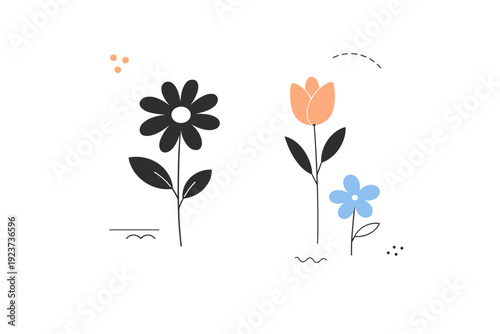 Minimal floral composition. A simple still-life scene with a few large flower silhouettes placed asymmetrically for visual balance. The illustration