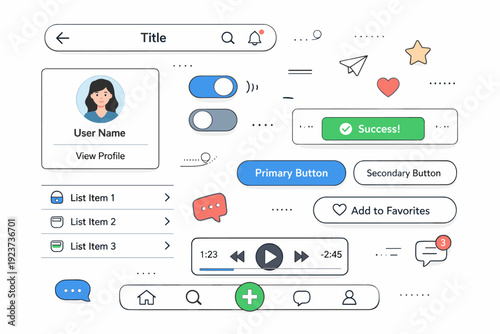 Mobile app interface elements. Smartphone UI components such as navigation bars, buttons, lists, and icons displayed in a clean editorial composition. Friendly