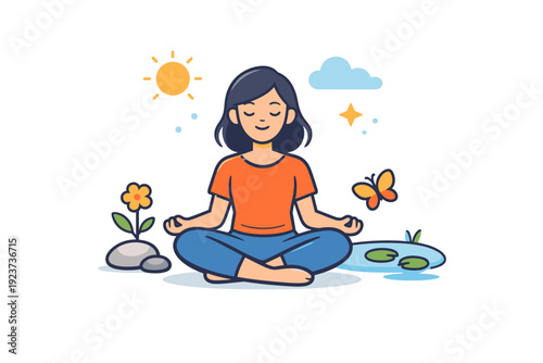 Spring mental health gentle moment of mindfulness with relaxed posture and simple nature elements, conveying peace of mind, presence, and a fresh emotional