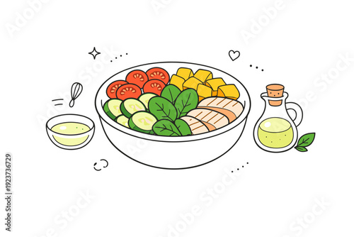 Quick healthy meal. A minimal scene with a bowl of salad ingredients and simple dressing, prepared quickly and neatly. The illustration conveys balance,