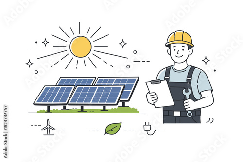 Renewable energy. A clean editorial scene showing solar panels under the sun with a smiling technician nearby. Decorative rays and sparkles highlight