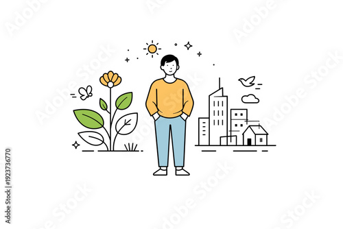 Human and nature balance. A person standing calmly between a plant and a city outline, gentle coexistence and respect. Thoughtful editorial