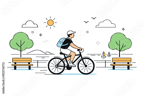 Summer cycling by the waterfront. A person pedals a bicycle along a promenade lined with simple trees and benches, enjoying a slow ride in