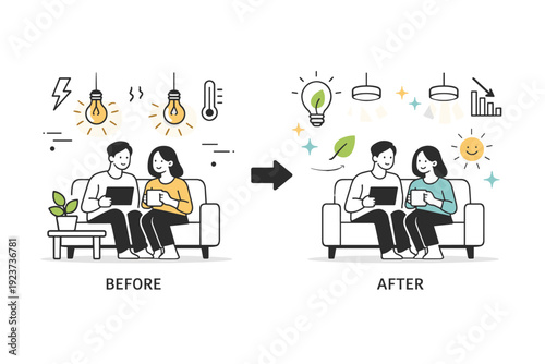 Lighting retrofit. A before-and-after scene with old incandescent bulbs replaced by energy-efficient LED lighting, abstract floating elements highlighting