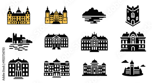 Elegant silhouette icons of historical buildings and castles collection