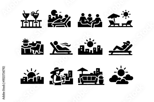 Summer Rooftop Moments. Solid icon set of summer rooftop moments: rooftop drink, sunset chill, rooftop friends, sunny deck, quiet rooftop, rooftop breeze, city