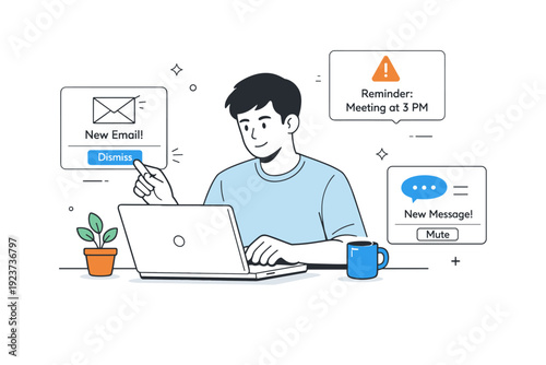 Selective notification control at work. A focused employee dismisses pop-up alerts while continuing a task, showing conscious prioritization. The scene