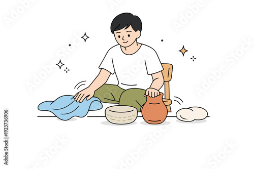 Sensory Connection Scene. People with tactile textures and natural materials. A person sitting on a wooden chair, touching fabric and clay objects with visible
