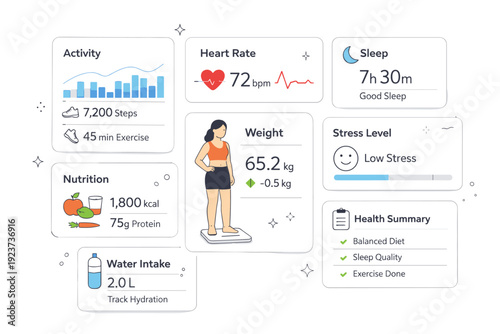 Personalized health tracking. An abstract overview of personal health data visualized as clean charts and cards in an airy layout. A sense of