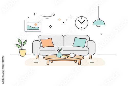 Noise-free minimalist interiors ? serene living room balance. A calm interior scene with a sofa, low table, and soft natural light, uncluttered surfaces and