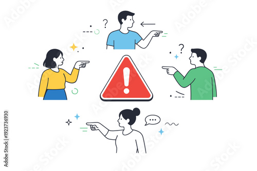 Diffuse accountability. Multiple people stand around a central warning icon, each pointing elsewhere instead of addressing the issue. Clean, minimal scene with