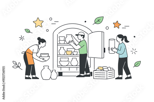 shared kiln community. A small group of ceramicists placing pottery into a communal kiln, floating abstract stars and leaves showing resource-sharing and