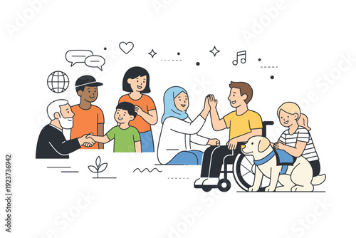 Inclusive diversity concepts illustration. A group of people with different ages, genders, abilities, and cultural backgrounds interacting