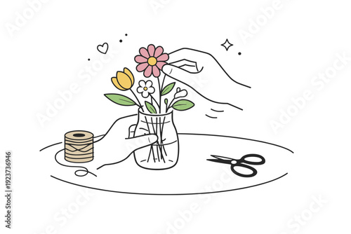 Small rituals without faces. Hands arranging a simple bouquet of flowers on a table. Quiet joy and personal care expressed in minimal