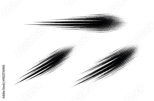 Halftone speed trail marks. A single speed trail mark object shown in three views: straight-on view, angled motion view, and three-quarter
