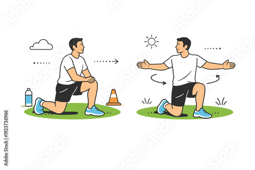 Athlete warm-up mobility outdoors. Simple scene of lunges and torso rotations on grass before training begins. Readiness, body awareness, and calm focus.