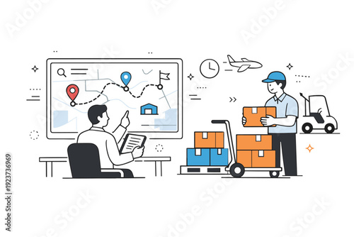 Logistics planners and operators. Planner reviewing routes on a large map screen while an operator prepares cargo nearby. Calm coordination