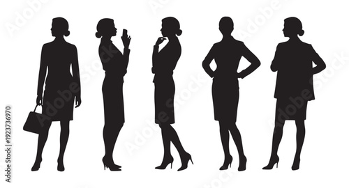 Businesswomen silhouettes standing and holding bags and phones, professional attire, diverse poses, white background illustration