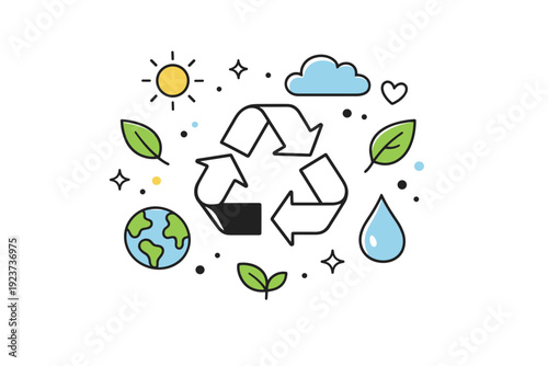 Minimalist Recycling Icon. Environmental awareness icon. Recycling symbol placed at the center with abstract shapes floating around, conveying care for the
