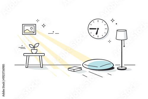 Morning light earlier than usual. Long thin beams of sunlight stretch across a minimalist room, emphasizing empty space. Time shift and