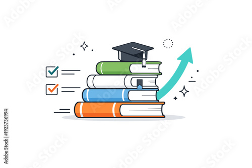 Learning progress. A stack of books with a small upward arrow and checkmarks nearby. The scene conveys steady growth, effort, and visible