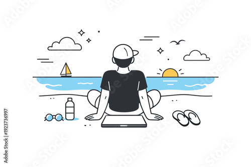 Remote work by the seaside. Balanced work break on the beach, laptop closed as professional enjoys the sea view. Healthy remote lifestyle with calm mood,