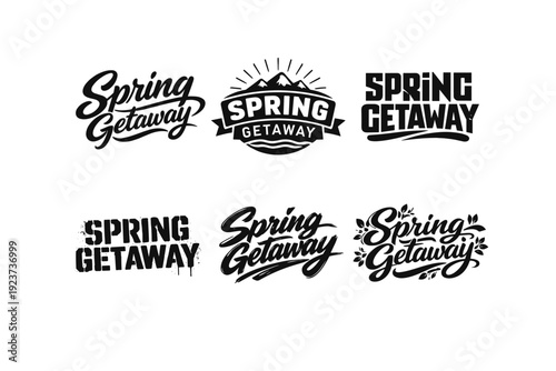 Spring getaway typography. Set lettering. harmonious lettering variations of the same emblematic concept, each with different artistic
