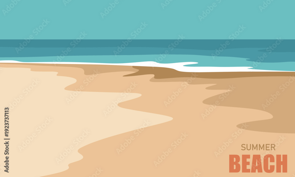 Canvas Print Serene sandy beach and calm turquoise ocean, with gentle waves meeting the shore under a bright sky, evoking relaxing summer escape