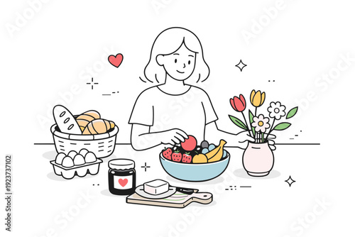 Mother?s Day breakfast prep workflow ? Gathering fresh ingredients. Person selecting fruits, bread, and flowers on a kitchen counter,