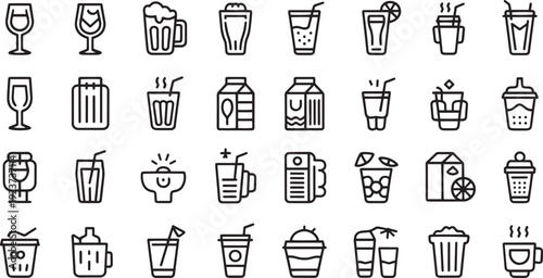 Collection of various drinkware and beverage containers illustrated in simple line art style