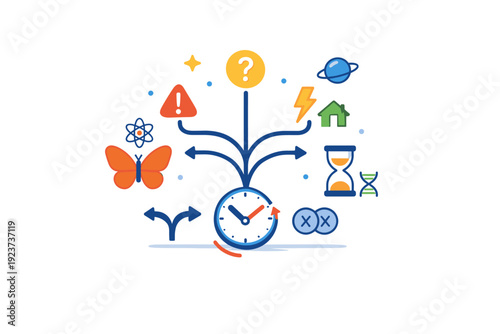 Time Travel Abstract. Time travel concept abstract timeline with branching paths and subtle science symbols, reflecting paradoxes, consequences, and logical