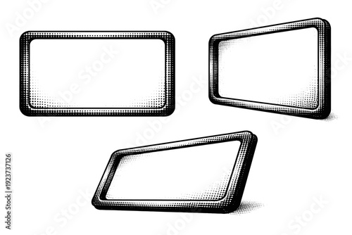 Halftone UI web background frame A single interface background frame object shown in three views including front view, rotated view, and three-quarter depth