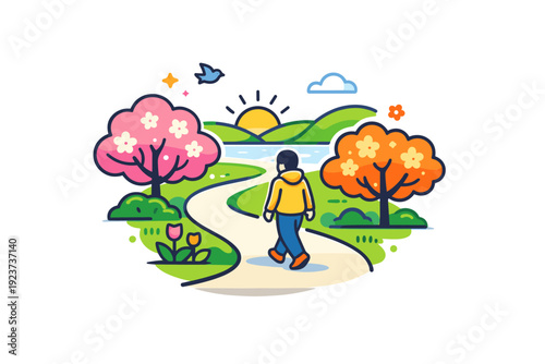 Morning walk in spring park gentle movement along a winding path with blooming trees and soft sunlight, expressing mindfulness, balance and a