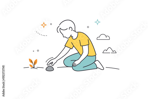 Personal symbolic actions. Abstract scene of a person releasing or arranging a small object, like letting go of a paper or placing a stone. Open space and