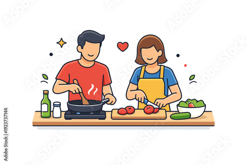 Couple Cooking Harmony. Couple cooking dinner together in the kitchen represented by a shared countertop with simple cookware and fresh ingredients,
