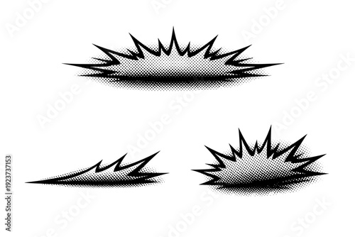 Comic emphasis sound effect underline burst with dynamic stretched form shown from front view, side view, and three-quarter view as a single object set with