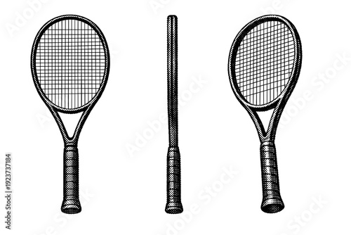 Halftone dot sports graphic tennis racket A tennis racket is depicted as a single object shown from three different views: front view, side