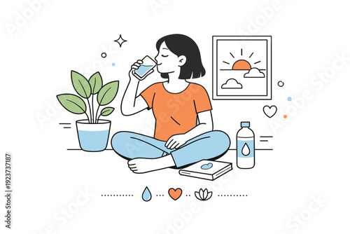 Mindful hydration reminders ? hydration as self-care ritual. A serene scene with a person sitting quietly and drinking water near a window or