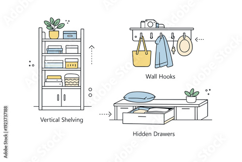 Compact home storage ideas. Vertical shelving, wall hooks, and hidden drawers shown in a tidy interior scene, highlighting space-saving design. Calm clarity