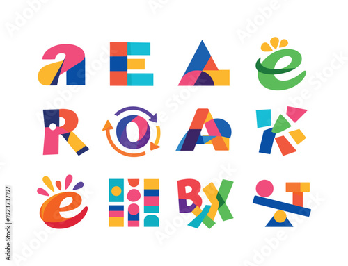 Typography exploration. Colorful flat vector icons set of typography exploration: custom letterform, modular type, geometric font, organic