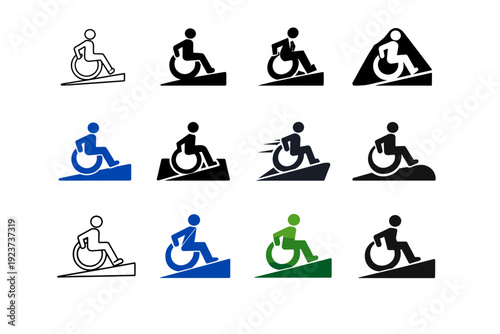 Accessibility in public spaces. Icon set. Set Logo of Accessibility in public spaces: wheelchair access ramp. harmonious logo variations of the same emblematic