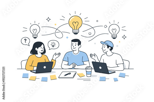 Group idea . A small team collaborating around a table, sticky notes and laptops open, abstract floating lightbulbs and lines