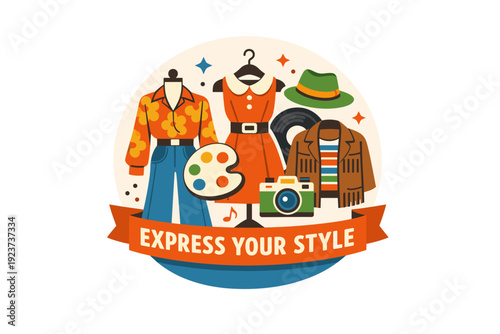 Vintage clothing styles expressing creative self expression through retro silhouettes and textures. A friendly badge style scene where